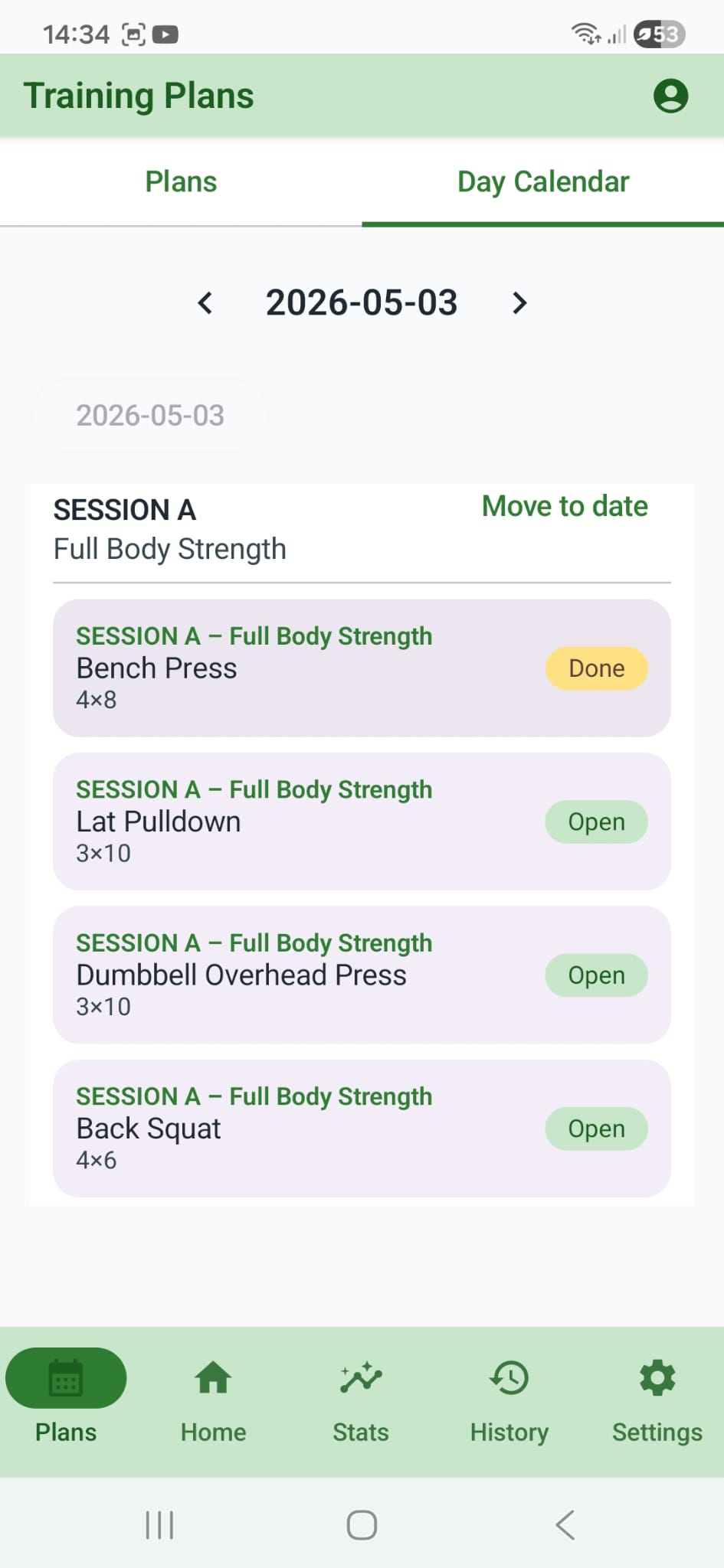 Training plan day calendar